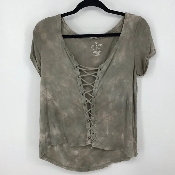 American Eagle Soft & Sexy High Low Lace Up Top Camo green - Picture 7 of 8
